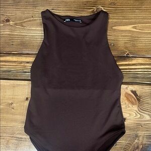 Zara Dark Brown Fitted Sleeveless Seamless Bodysuit - size Small